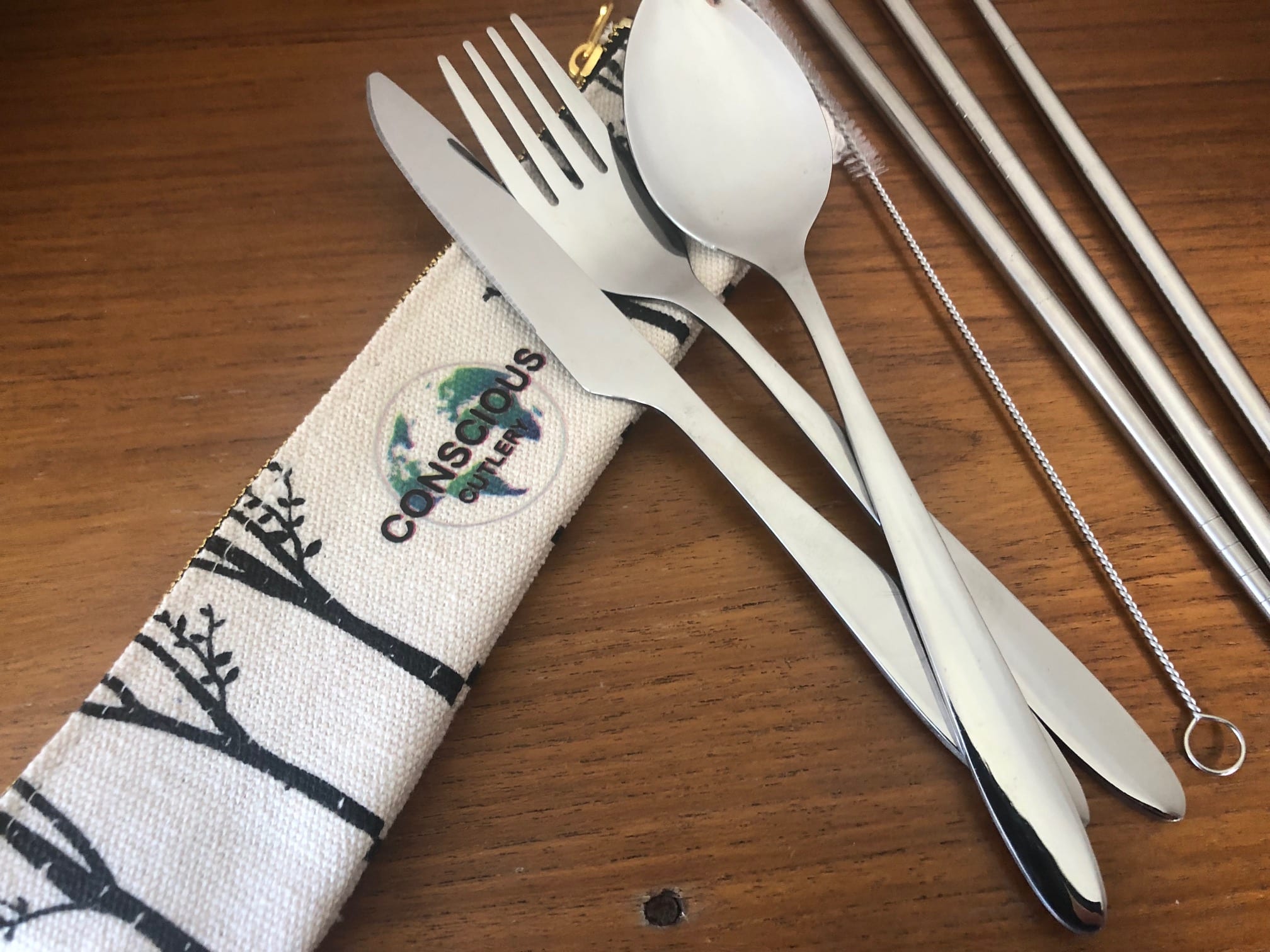 Travel Cutlery Set W/ Hemp Pouch 18/8 Grade Stainless Steel Fork, Spoon,  Knife, Straw, Chopsticks. PLASTIC SUCKS 