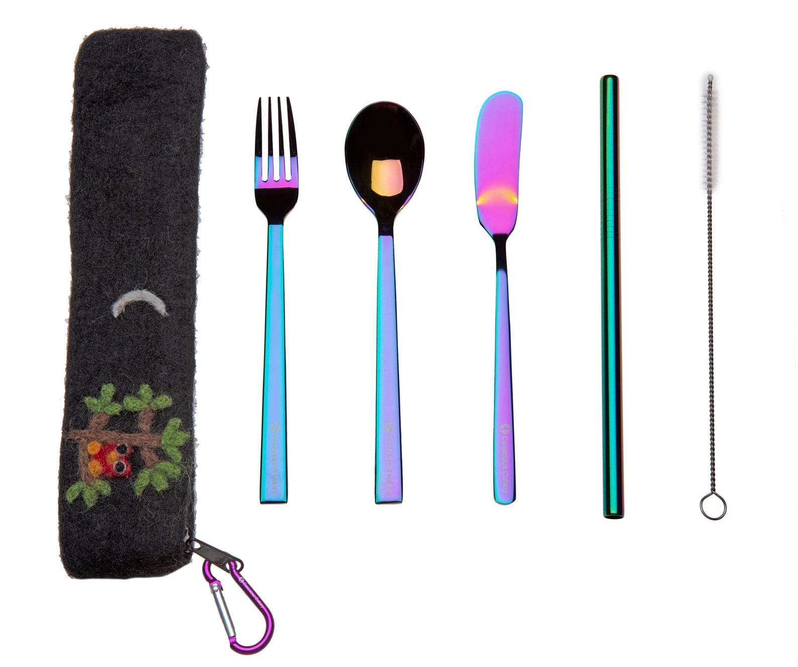 Hand Made Felted Owl Pouch Rainbow Colored Titanium Cutlery Set - Conscious  Cutlery
